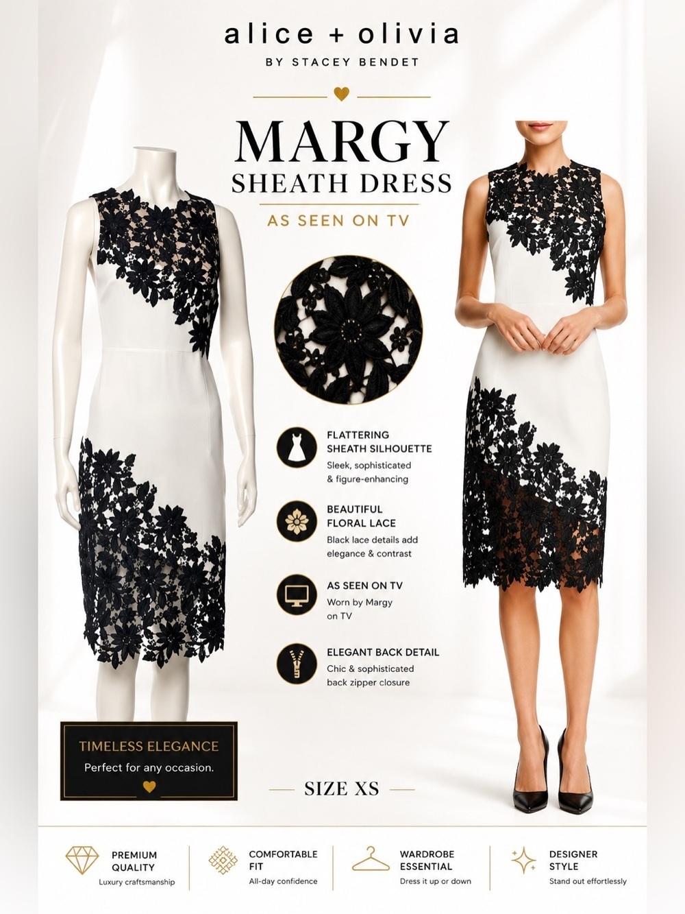 Alice + Olivia Margy Sheath Dress XS White Black Floral Lace As Seen On TV - Picture 1 of 16